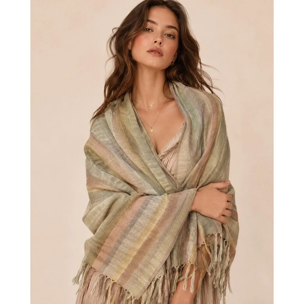 Boho Striped Wrap Scarf Womens OS Multicolor Woven Fringe Shawl